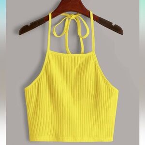NEW Women Yellow Solid Rib-Knit Halter Neck Top Size M💛